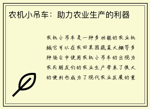 农机小吊车：助力农业生产的利器